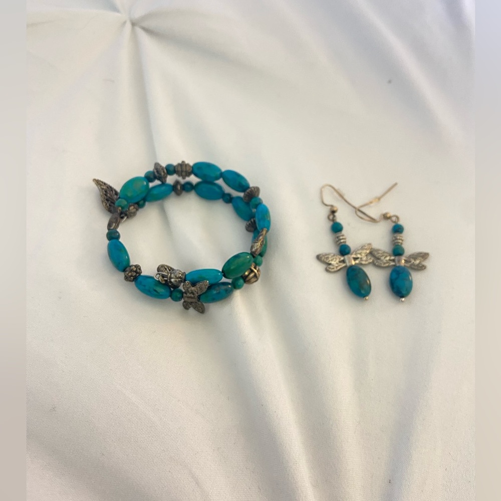 Real Turquoise Jewelry Earrings and Bracelet Set